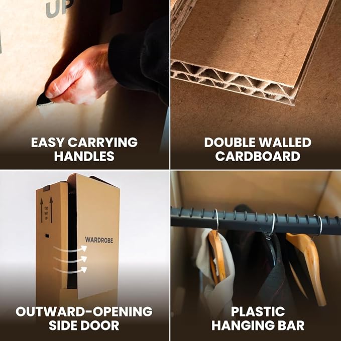Double-Wall Wardrobe Moving Box with Hanging Rail | Strong & Spacious Clothing Box